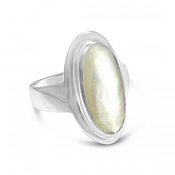 Sterling Silver Ring 7X17Mm Mother Of Pearl Elongated Oval