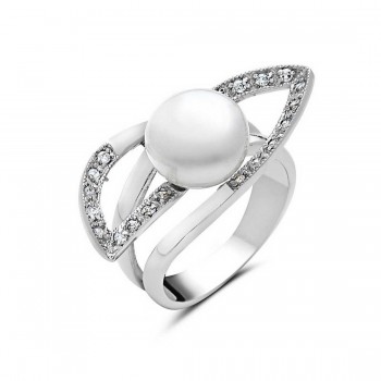 Sterling Silver Ring 10mm Fresh Water Pearl on Crossing Open Leaves