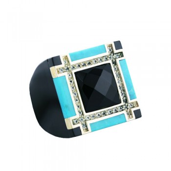 Sterling Silver Ring Onyx with Turquoise and White Topaz