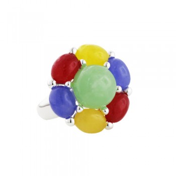 Sterling Silver Ring Multicolor-Color Jade Flower