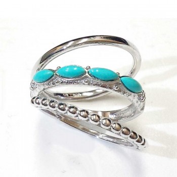 Sterling Silver Ring 3Pcs Stackable Turquoise Marquis/Plain/Ball