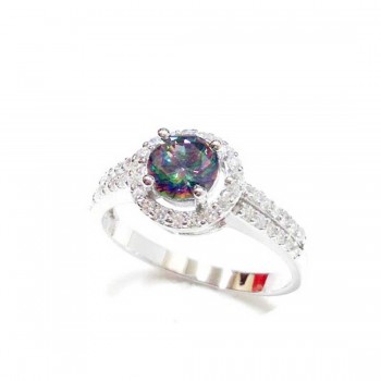 Sterling Silver Ring Mystic Ctr with Clear Cubic Zirconia Ard & 2 Row Clear Cubic Zirconia Side