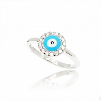 Sterling Silver Ring Light Blue Enamel Evil Eye with Clear Cubic Zirconia Around