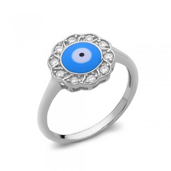 Sterling Silver Ring L.Blue Enamel Evil Eye with Clear Cubic Zirconia Flower Shaped