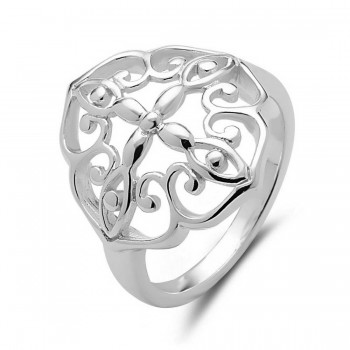 Sterling Silver Ring Open Slightly Dome Flower with Filigree