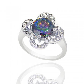 Sterling Silver Ring Mystic Topaz Cubic Zirconia on Clear Cubic Zirconia Open Flower