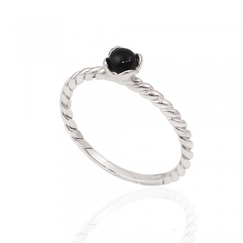 Sterling Silver Ring 4mm Cabochon Onyx with Rope Band Stackable