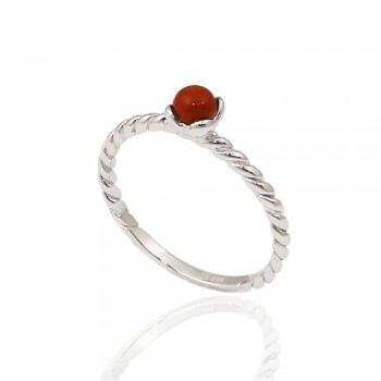Sterling Silver Ring 4mm Cabochon Reconstitute Red Jasper