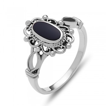 STERLING SILVER RING OVAL ONYX WITH FILIGREE *OXIDIZED