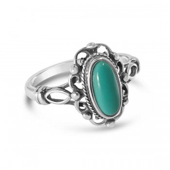 STERLING SILVER RING OVAL RECON.TURQUOISE W/ FILIGREE *OXIDIZED