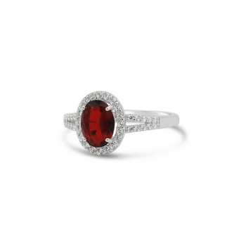 STERLING SILVER RING OVAL RUBY GLASS SMALL CUBIC ZIRCONIA AROUND