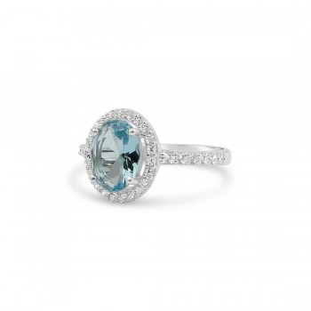 STERLING SILVER RING OVAL AQUA BLUE GLASS+CUBIC ZIRCONIA AROUND
