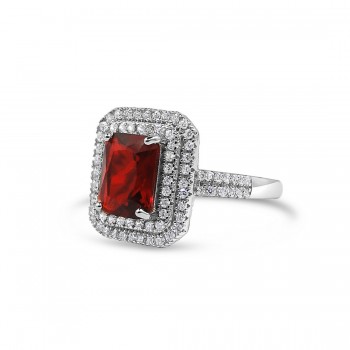 STERLING SILVER RING RECTANGULAR RUBY GLASS DOUBLE CUBIC ZIRCONIA LINES