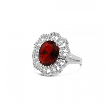 STERLING SILVER RING OVAL RUBY GLASS RADIATING CUBIC ZIRCONIA LINES