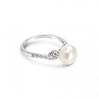 Sterling Silver Ring 8 Mm Fresh Water Pearl Clear Cubic Zirconia Wavy Side 