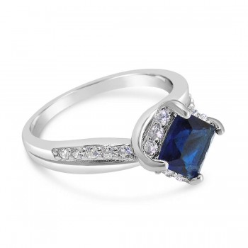 Sterling Silver Ring Square Sapphire Glass Sideline Clear Cubic Zirconia 