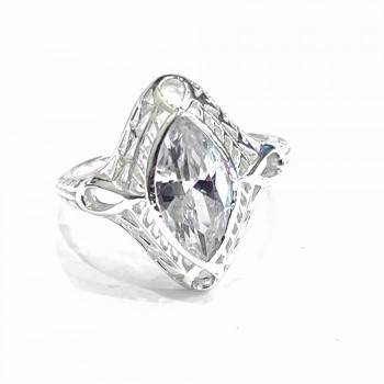 Sterling Silver Ring Marquise Shape Filigree Clear Cubic Zirconia Marquis 