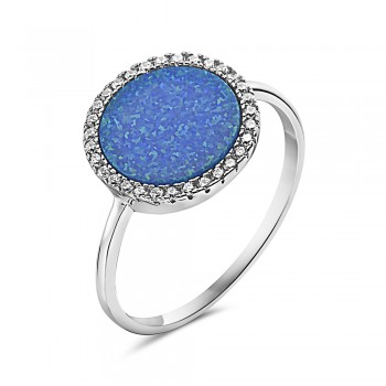 Sterling Silver Ring Round Blue Opal Clear Cubic Zirconia Arou 