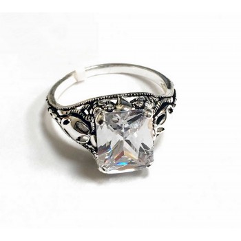 Sterling Silver Ring Clear Cubic Zirconia Rectangular Filigree
