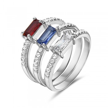 Sterling Silver Ring 3 Pcs Stackable Baguette Tanzanite Glass, 