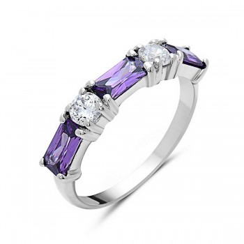 Sterling Silver Ring 3 Baguette Amethyst Cubic Zirconia Band 2 Clear Cubic Zirconia 