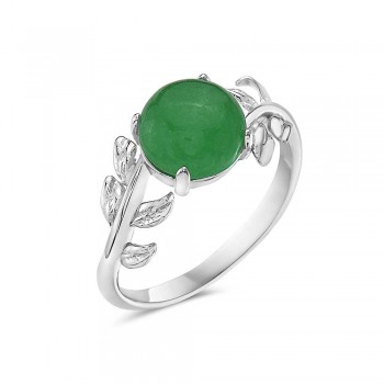 Sterling Silver RING ROUND GREEN BURMESE JADE LEAVES SIDES