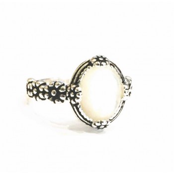 Sterling Silver RING OVAL MOTHER OF PEARL OXIDIZEDS FLOWERS