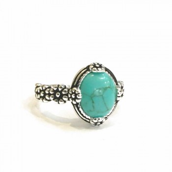 Sterling Silver RING OVAL RECONSTITUENT TURQUOISE OXIDIZEDS FLO