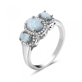 Sterling Silver RING TRI-STONE WHITE OPAL CLEAR Cubic Zirconia AROUND