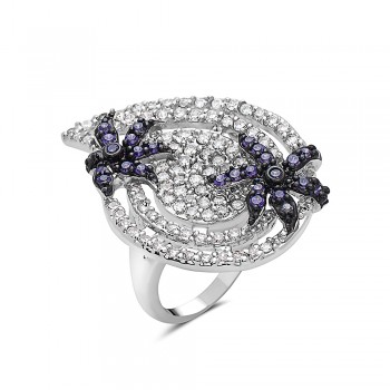 BRASS RING PAISLEY CLEAR CZ LINES PURPLE FLOWERS