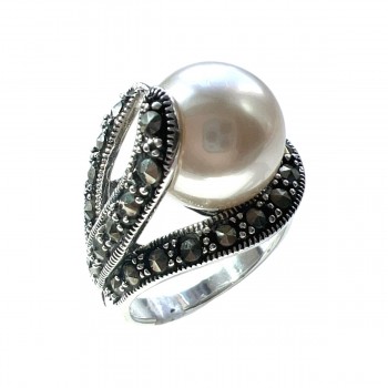 Marcasite Ring 12mm White Faux Pearl with Marcasite Vine Side