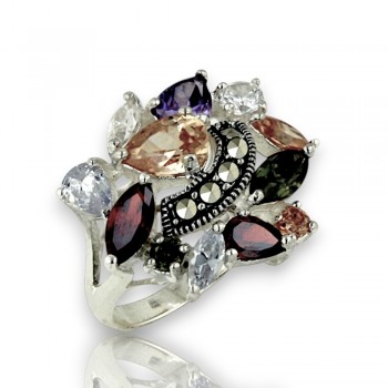 Marcasite Ring with Teardrop Multicolor Cubic Zirconia