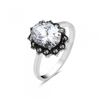 Oval Clear Marcasite Spiked Petal Ring