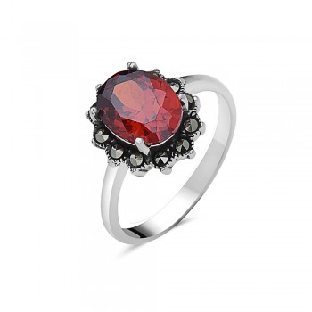 MS RING SMALL OVAL GARNET CZ MARCASITE WRAP