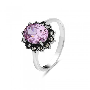 Oval Pink Marcasite Spiked Petal Ring