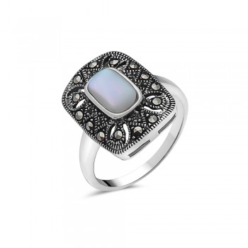 Western Rectangular Mother of Pearl Marcasite Ring