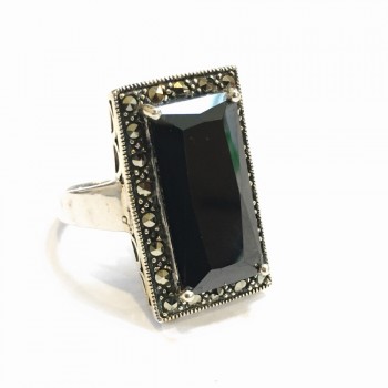 MS RING RECTANGULAR BLACK CZ MARCASITE WRAP