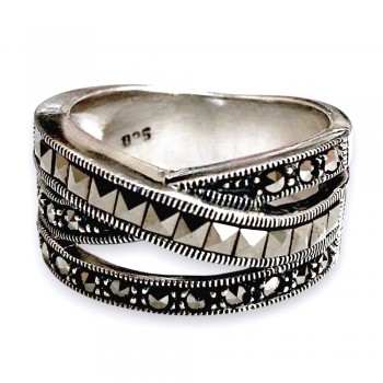 MS RING CROSS OVER SQUARE MARCASITE TRIPLE LINES