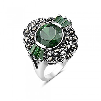 MS RING OVAL WAVY MARCASITE 2 LAYERS EMERALD GREEN
