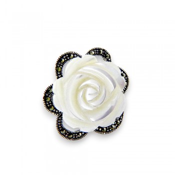 Marcasite RING MOTHER OF PEARL CARVED ROSE FLOWER MARCASI