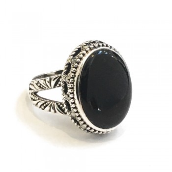 MS RING OVAL BLACK ONYX GRAINY EDGE SCATTER WITH MARCASITE