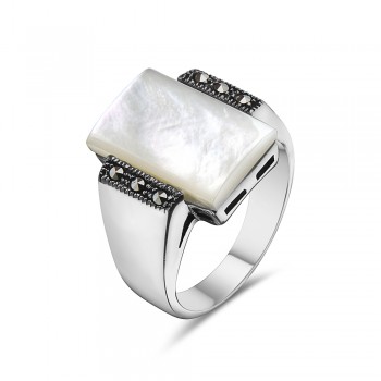 MS RING MOTHER OF PEARL RECTANGULAR MARCASITE SIDE