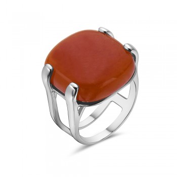 Sterling Silver RING CUSHION CUT WHITE JADE DYED ORANGE SQUARE