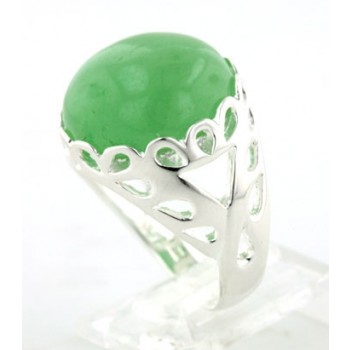 Sterling Silver RING BURMESE GREEN JADE ROUND WAVY SILVER LINES