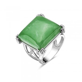 Sterling Silver RING SQUARE GREEN JADE 4 PRONGS
