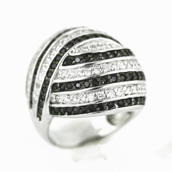 Sterling Silver Ring 5 Row Black+Clear Cubic Zirconia Lines Dome - 9