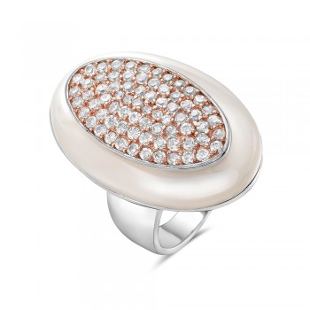 Sterling Silver Ring 28X28mm White Mother of Pearl Oval Rosegold Tone with Clear