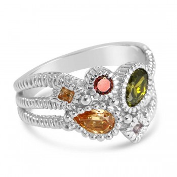 Sterling Silver Ring Multicolor-Color and Shape Cubic Zirconia