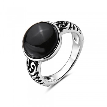 Sterling Silver RING BLACK ONYX ROUND SIDE OXIDIZED LINES