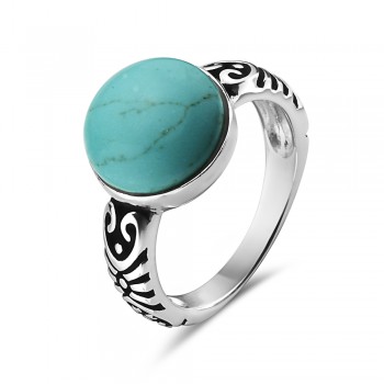 Sterling Silver RING RESCONSTITUENT TURQUOISE ROUND SIDE OXIDIZ
